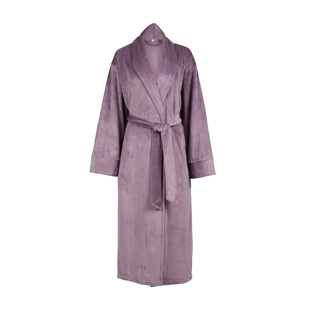 Sea Dragon Dreams plush mauve velour women's robe with a tie waist and shawl collar for luxurious lounging.