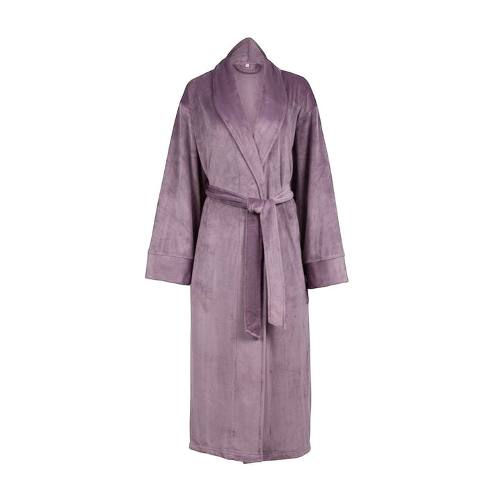 Sea Dragon Dreams plush mauve velour women's robe with a tie waist and shawl collar for luxurious lounging.