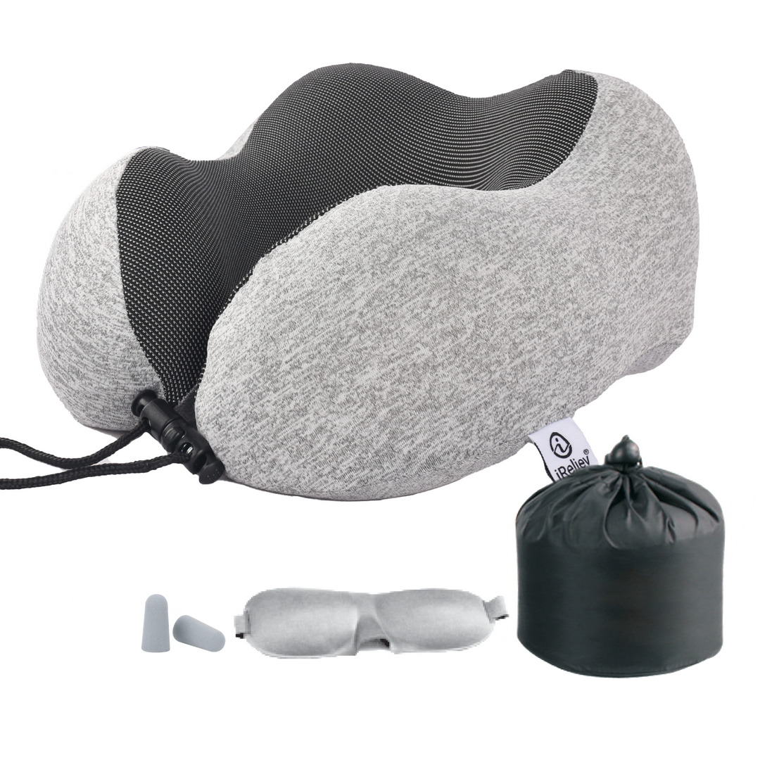 Sea Dragon Dreams memory foam travel pillow set with grey contoured neck pillow, sleep mask, earplugs, and carry bag.