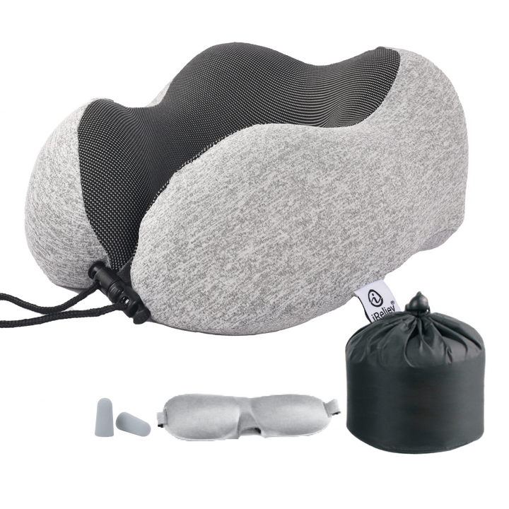 Sea Dragon Dreams memory foam travel pillow set with grey contoured neck pillow, sleep mask, earplugs, and carry bag.