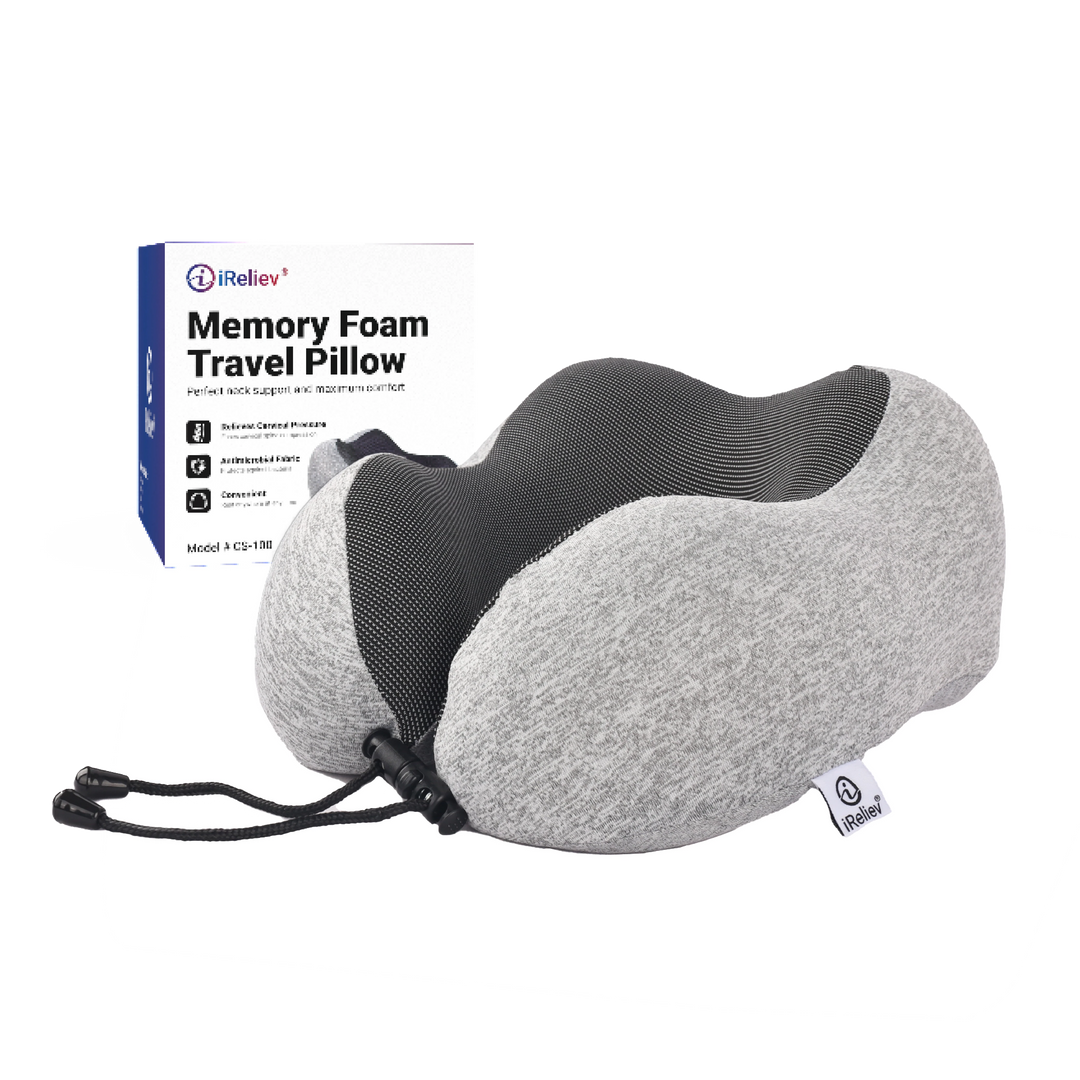 Sea Dragon Dreams ergonomic grey memory foam travel pillow with adjustable drawstring and product packaging box.