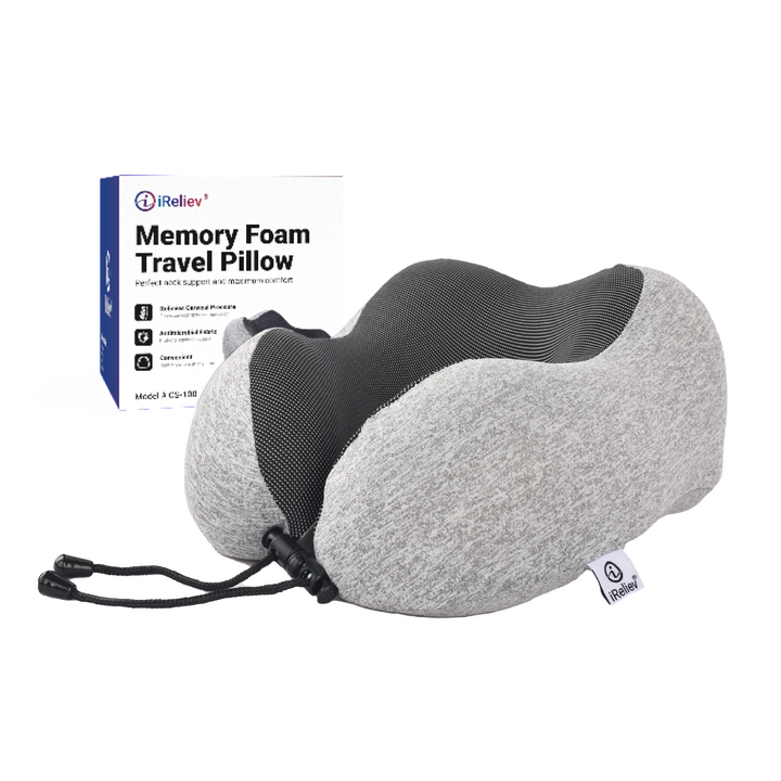 Sea Dragon Dreams ergonomic grey memory foam travel pillow with adjustable drawstring and product packaging box.