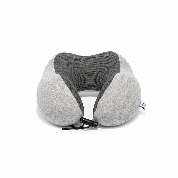 Sea Dragon Dreams grey memory foam travel pillow with ergonomic contoured design and adjustable front toggle closure.