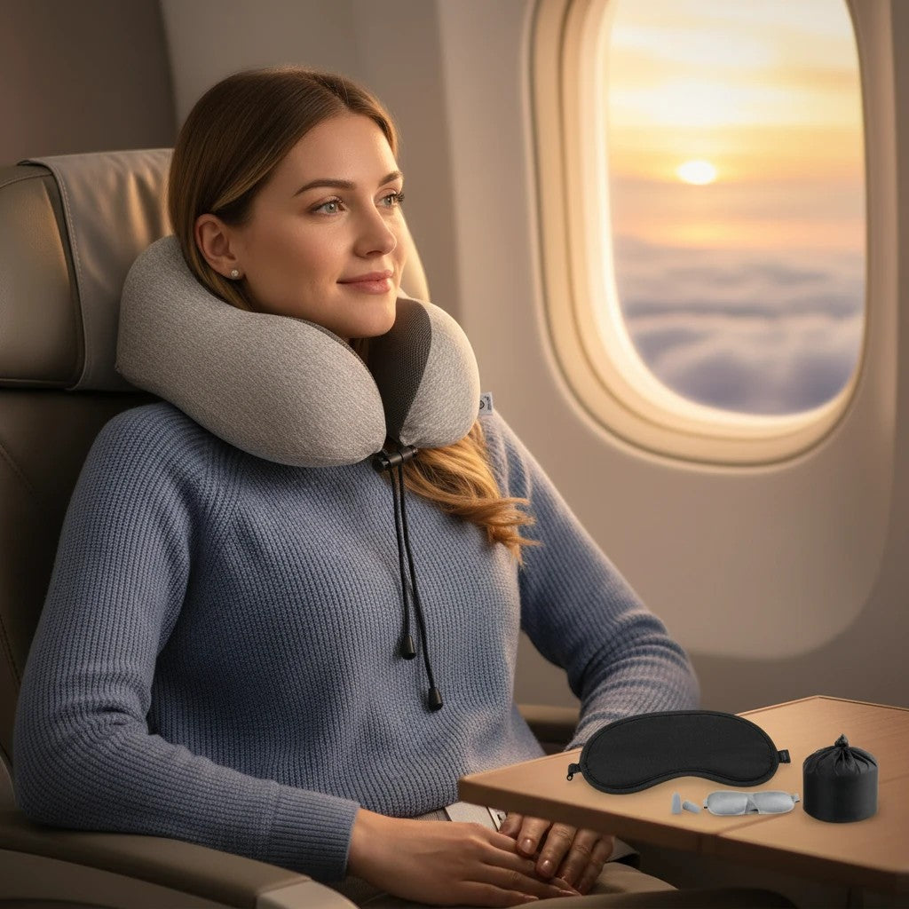 Sea Dragon Dreams memory foam travel pillow on a woman sitting by an airplane window at sunset for neck support.