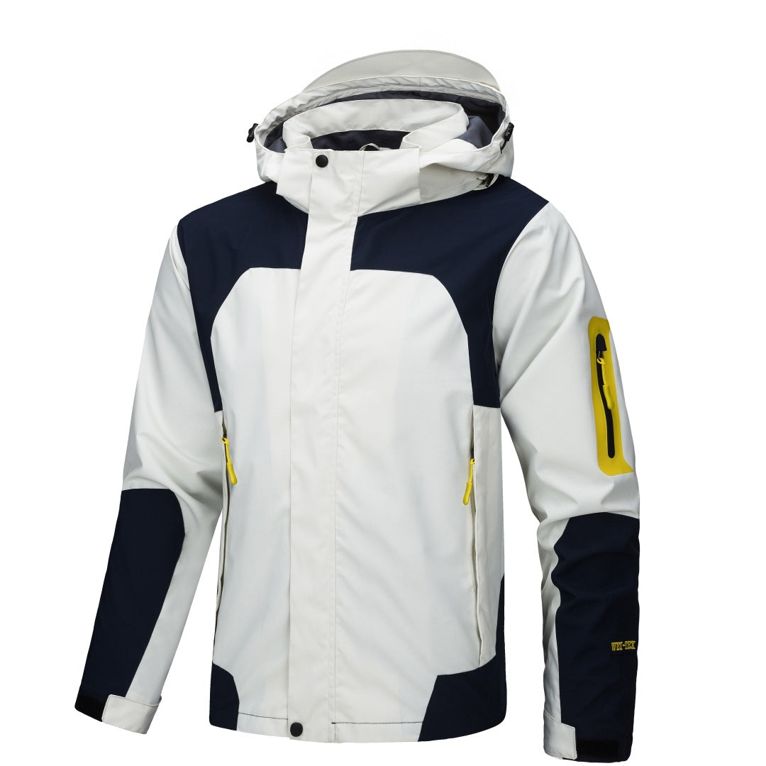 Sea Dragon Dreams men's white and navy waterproof hooded shell jacket with yellow zipper details and polyester lining.