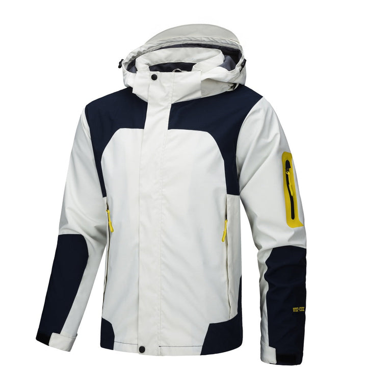 Sea Dragon Dreams men's white and navy waterproof hooded shell jacket with yellow zipper details and polyester lining.