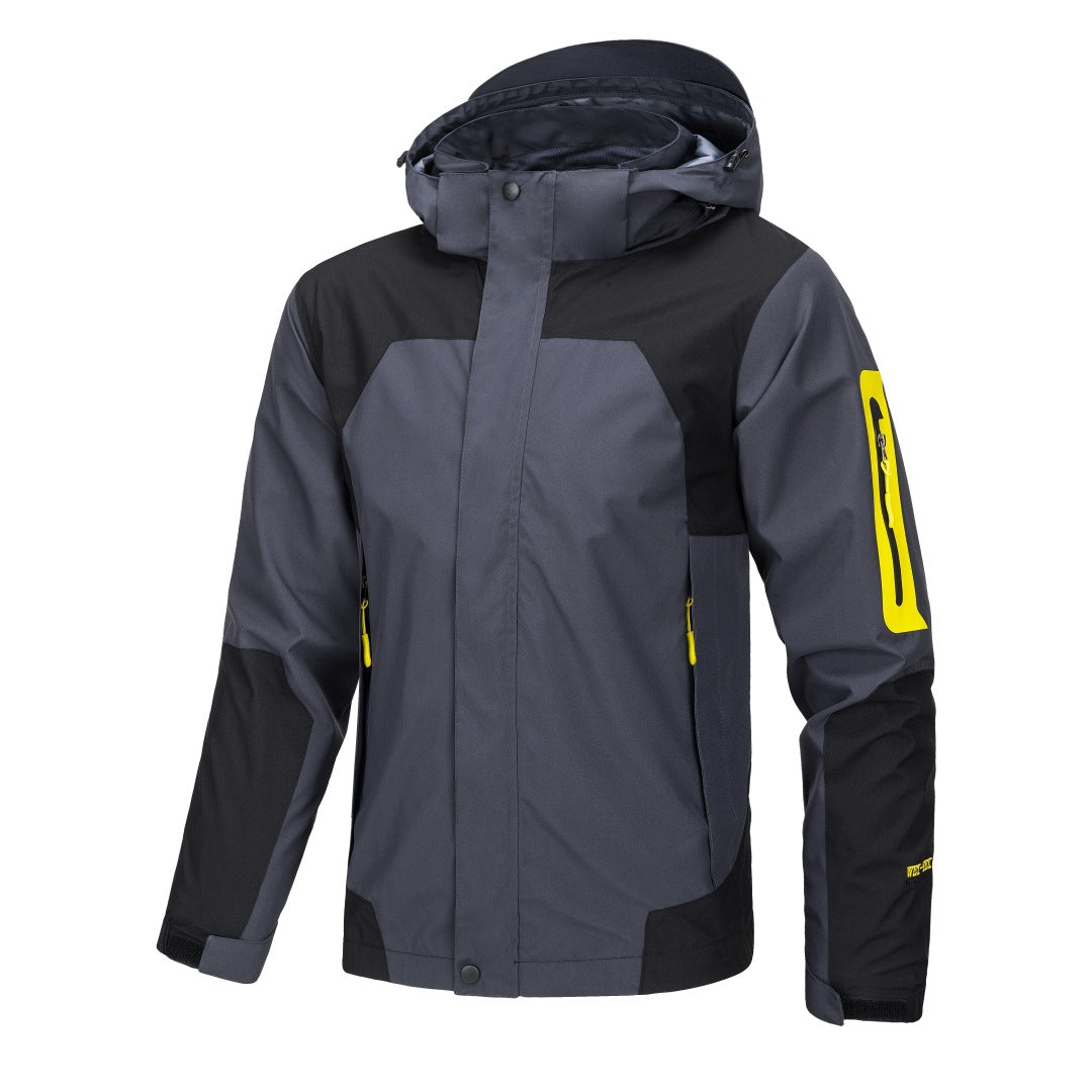 Sea Dragon Dreams men's lightweight waterproof shell jacket in dark gray and black with yellow sleeve pocket detail.
