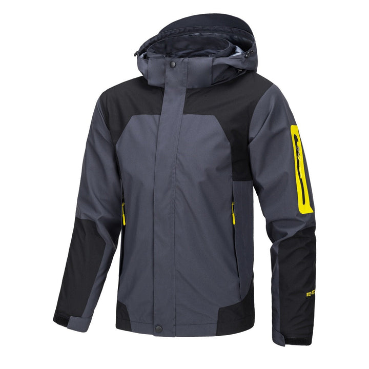 Sea Dragon Dreams men's lightweight waterproof shell jacket in dark gray and black with yellow sleeve pocket detail.