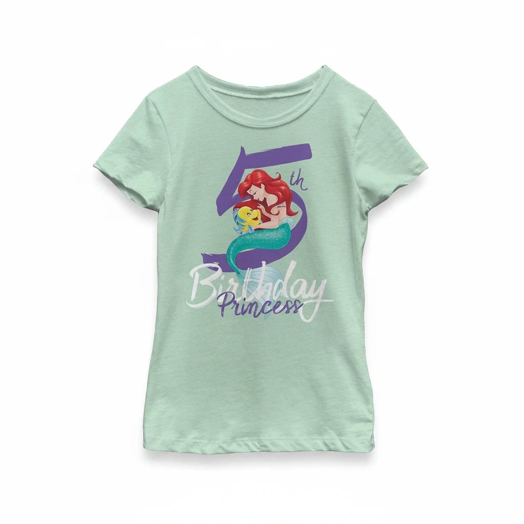 Sea Dragon Dreams light green girls 5th birthday t-shirt featuring Ariel and Flounder from Disney's The Little Mermaid.