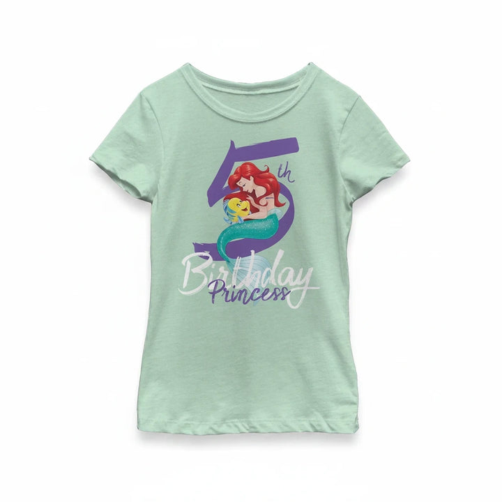 Sea Dragon Dreams light green girls 5th birthday t-shirt featuring Ariel and Flounder from Disney's The Little Mermaid.