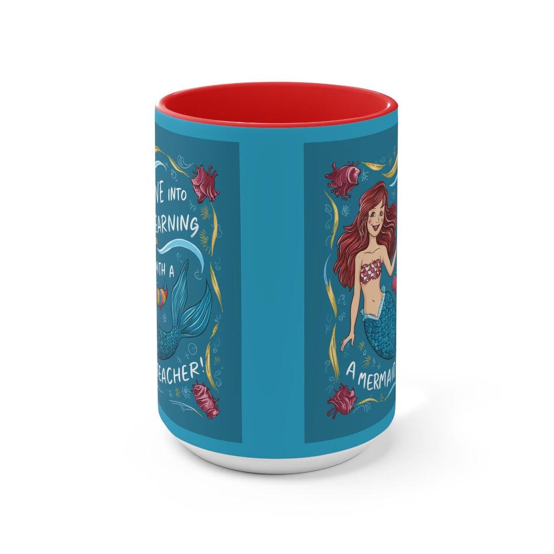Sea Dragon Dreams Dive Into Learning ceramic accent mug with red interior and mermaid illustration