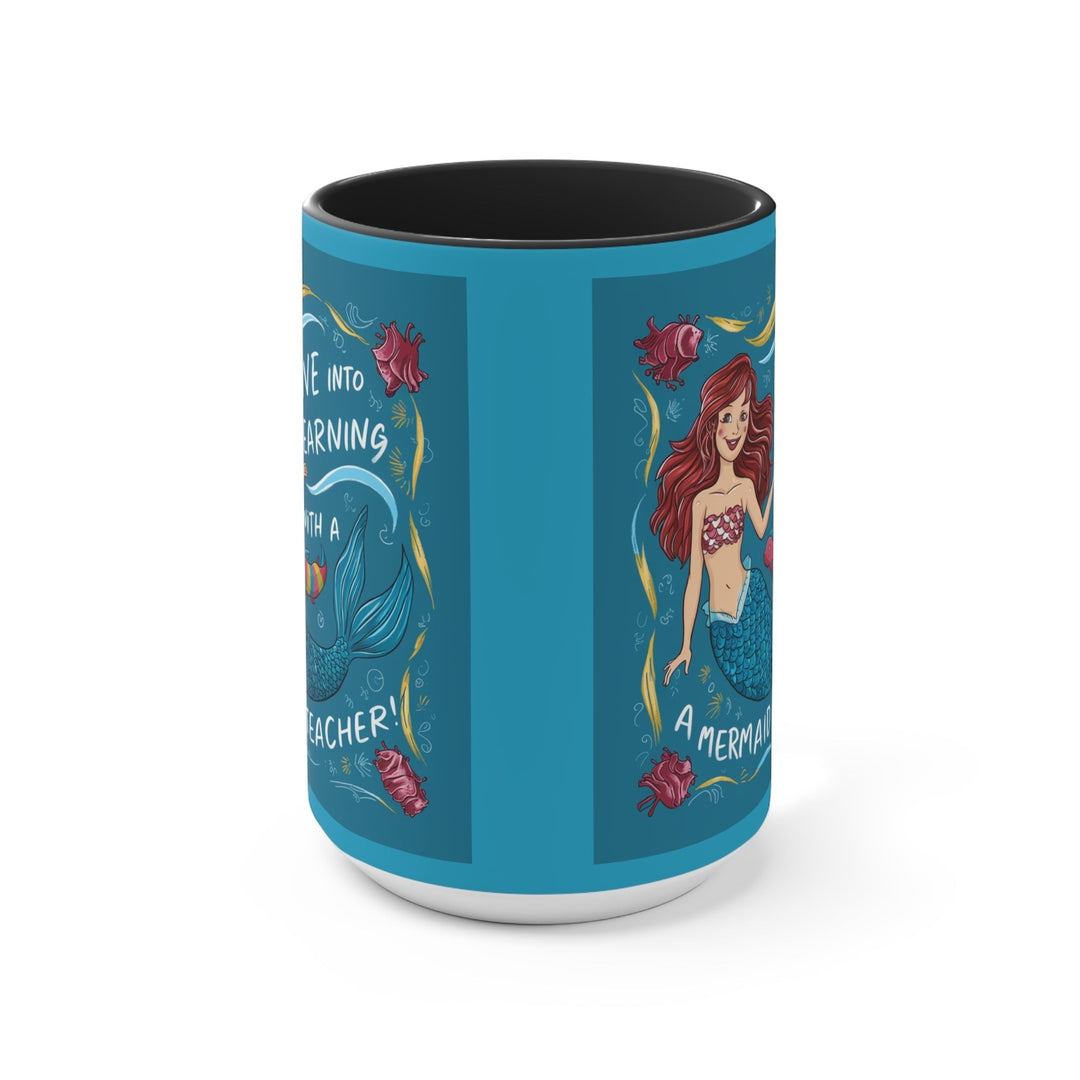 Sea Dragon Dreams Dive Into Learning ceramic accent mug with a black interior and mermaid illustration