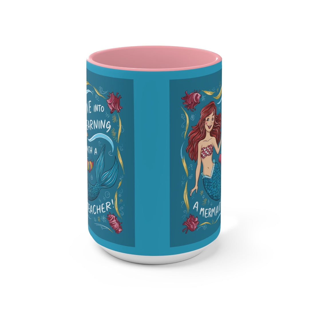 Sea Dragon Dreams Dive Into Learning ceramic accent mug with pink interior and mermaid illustration