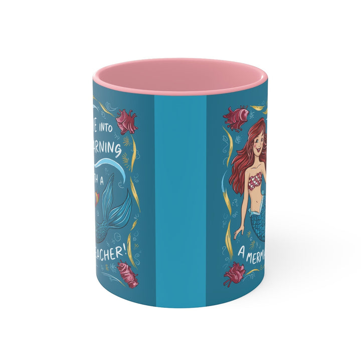 Sea Dragon Dreams Dive Into Learning ceramic accent mug with a pink interior and mermaid illustration on blue background