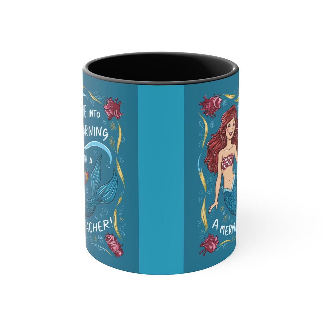 Sea Dragon Dreams Dive Into Learning ceramic accent mug with a black interior and mermaid illustration.
