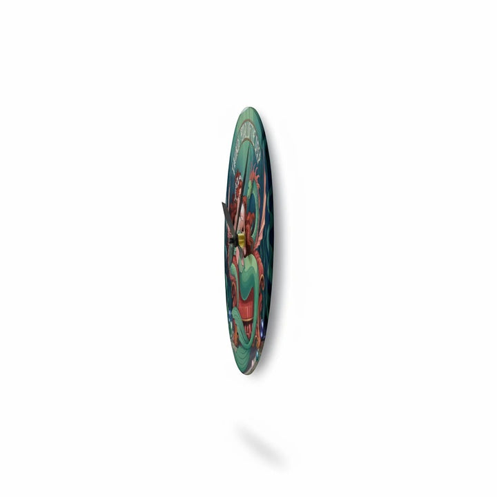 Sea Dragon Dreams Taurus mermaid acrylic wall clock showing a side profile view of the round ocean-themed artwork.
