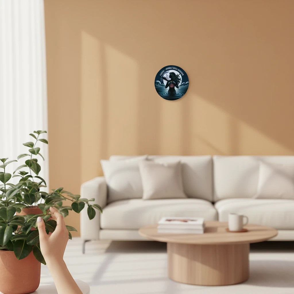 Sea Dragon Dreams round acrylic wall clock featuring a Cancer zodiac mermaid design hanging in a modern living room
