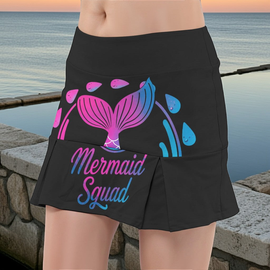Sea Dragon Dreams black active skort with pink and blue mermaid tail graphic and Mermaid Squad text