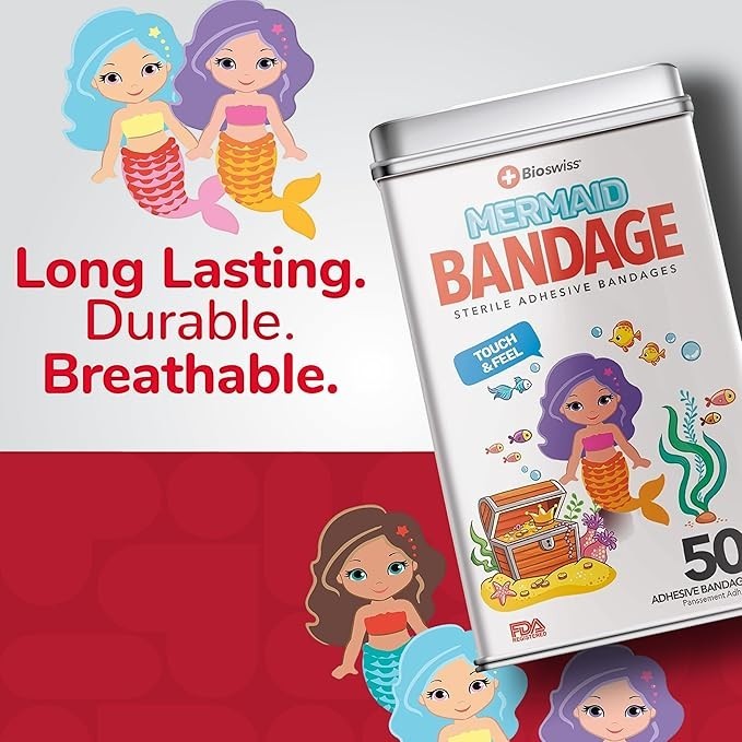 Sea Dragon Dreams BioSwiss mermaid-shaped adhesive bandages in a 50-count storage tin with colorful underwater graphics.