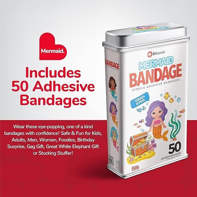 Sea Dragon Dreams BioSwiss mermaid-shaped adhesive bandages in a 50-count storage tin for kids' wound care