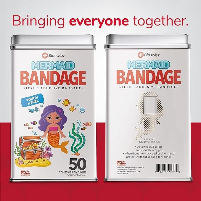 Sea Dragon Dreams BioSwiss mermaid-shaped sterile adhesive bandages in a 50-count tin with colorful underwater design.
