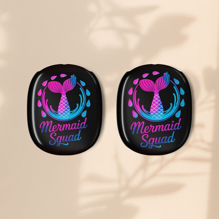 Sea Dragon Dreams protective polycarbonate covers for AirPods Max featuring a neon mermaid tail and Mermaid Squad text