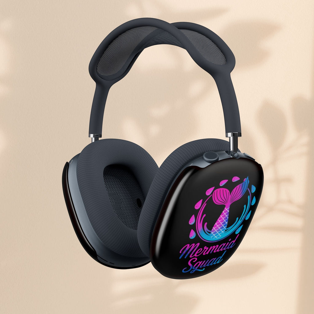 Sea Dragon Dreams AirPods Max covers featuring a neon pink and blue mermaid tail design on a black protective shell.