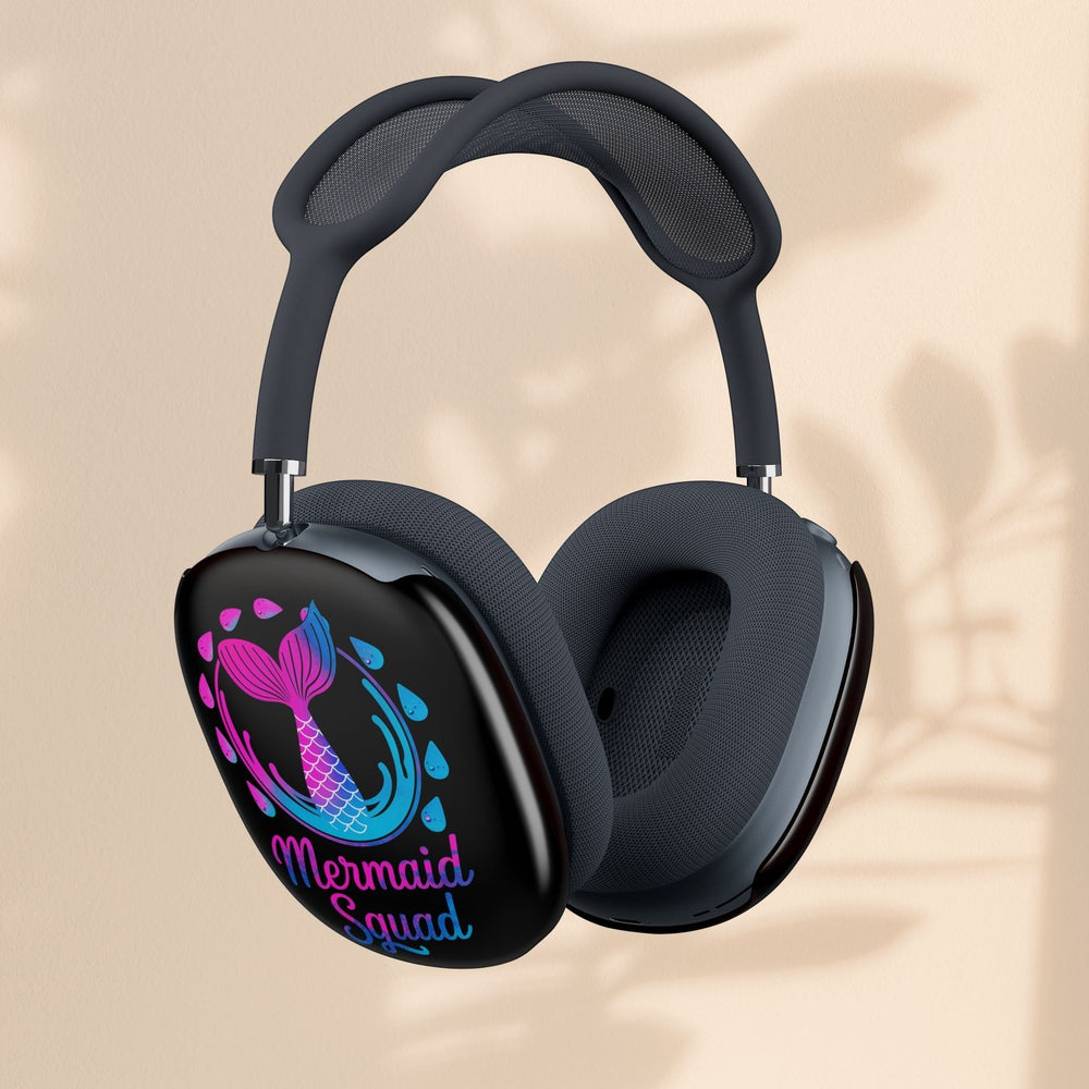 Sea Dragon Dreams AirPods Max covers featuring a neon mermaid tail and Mermaid Squad text on a black glossy shell.