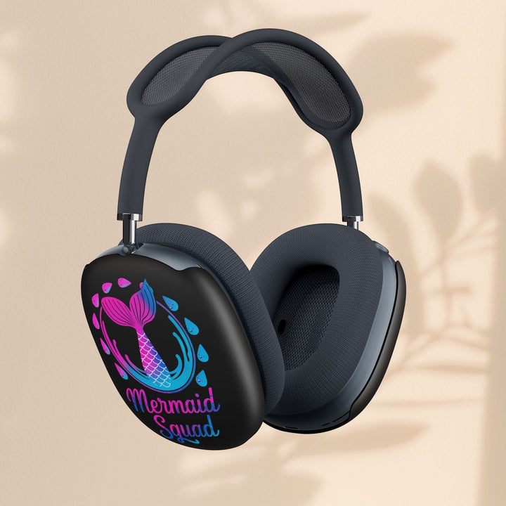 Sea Dragon Dreams AirPods Max covers featuring a neon mermaid tail design and Mermaid Squad text on black shells.