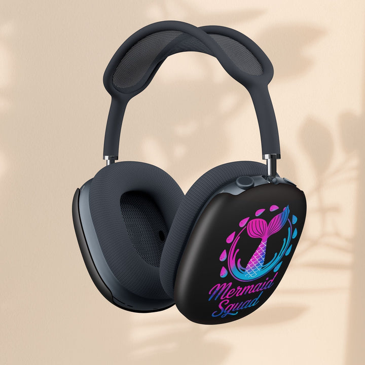 Sea Dragon Dreams AirPods Max covers featuring a neon mermaid tail design and Mermaid Squad text on a black shell.