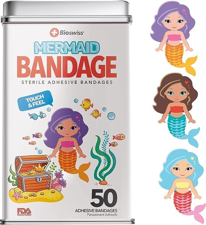 Sea Dragon Dreams BioSwiss mermaid-shaped adhesive bandages in a 50-count tin with colorful cartoon mermaid designs.