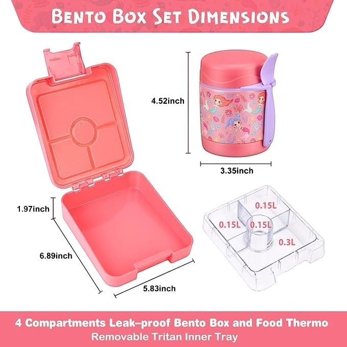 Sea Dragon Dreams mermaid bento lunch box set with 10-ounce stainless steel food jar and removable tray dimensions