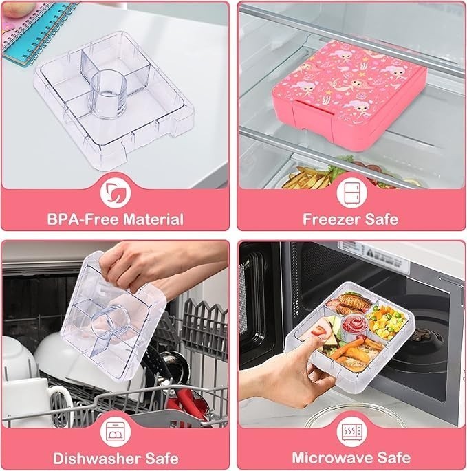 Sea Dragon Dreams mermaid bento box showing BPA-free, freezer, dishwasher, and microwave safe features for kids.