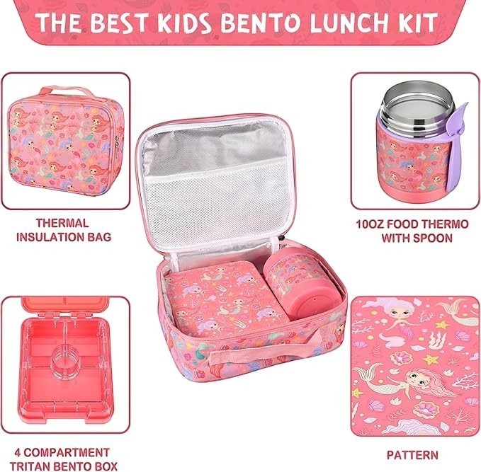 Sea Dragon Dreams mermaid bento lunch box set for kids, featuring a pink insulated bag, 4-compartment tray, and food jar.