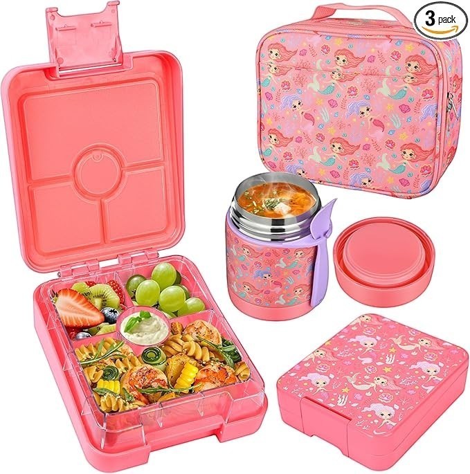 Sea Dragon Dreams mermaid bento lunch box set with pink insulated food jar, lunch bag, and 4-compartment container.