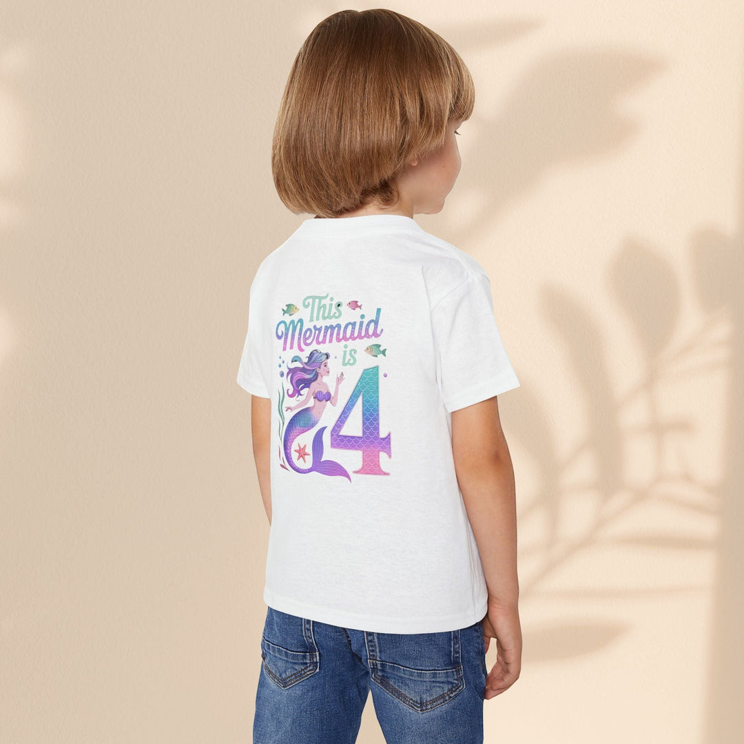 Sea Dragon Dreams white cotton toddler t-shirt with This Mermaid Is 4 birthday graphic on the back