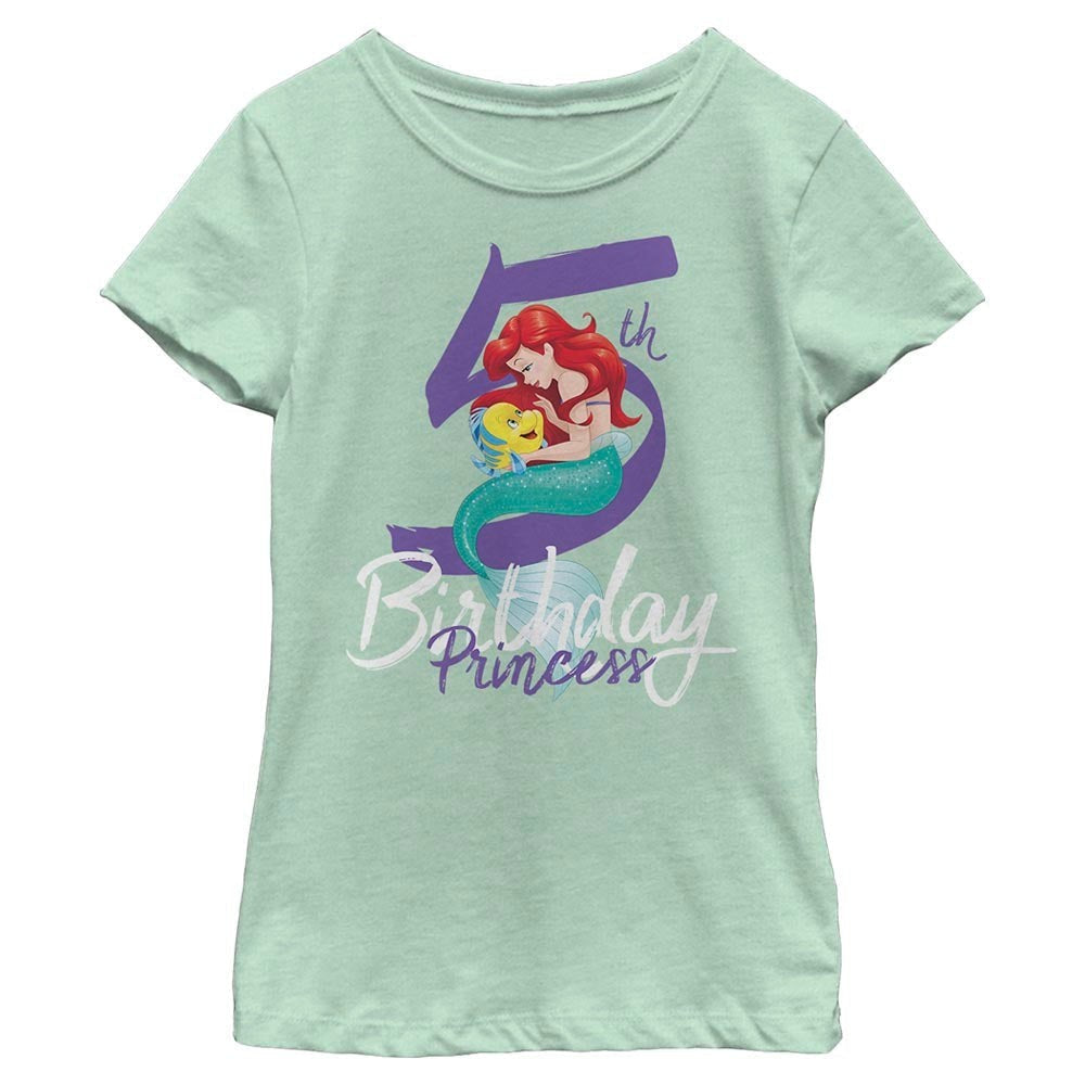 Sea Dragon Dreams light green girls t-shirt featuring a Disney Little Mermaid 5th birthday graphic with Ariel and Flounder