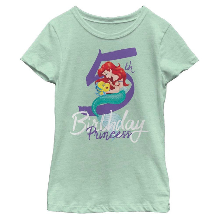 Sea Dragon Dreams light green girls t-shirt featuring a Disney Little Mermaid 5th birthday graphic with Ariel and Flounder