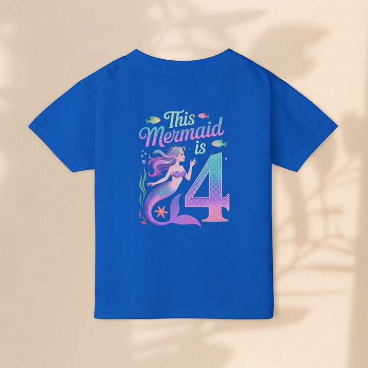 Sea Dragon Dreams blue toddler t-shirt featuring a colorful mermaid graphic and the text This Mermaid Is 4