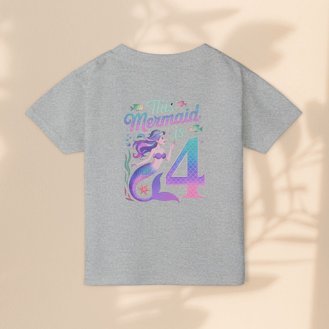 Sea Dragon Dreams grey toddler t-shirt with a This Mermaid Is 4 graphic featuring a mermaid and number four.