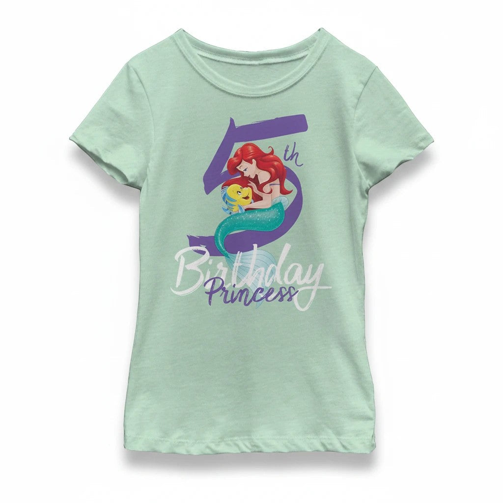 Sea Dragon Dreams light green girls t-shirt featuring a Disney Ariel mermaid graphic for a 5th birthday celebration.
