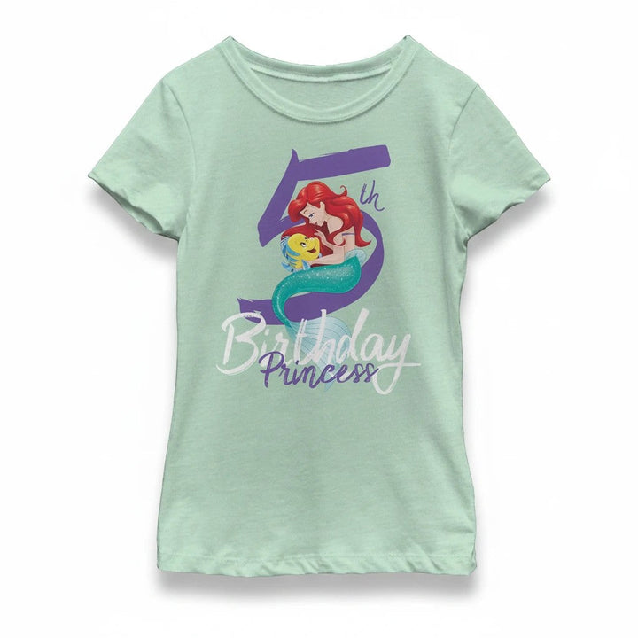 Sea Dragon Dreams light green girls t-shirt featuring a Disney Ariel mermaid graphic for a 5th birthday celebration.