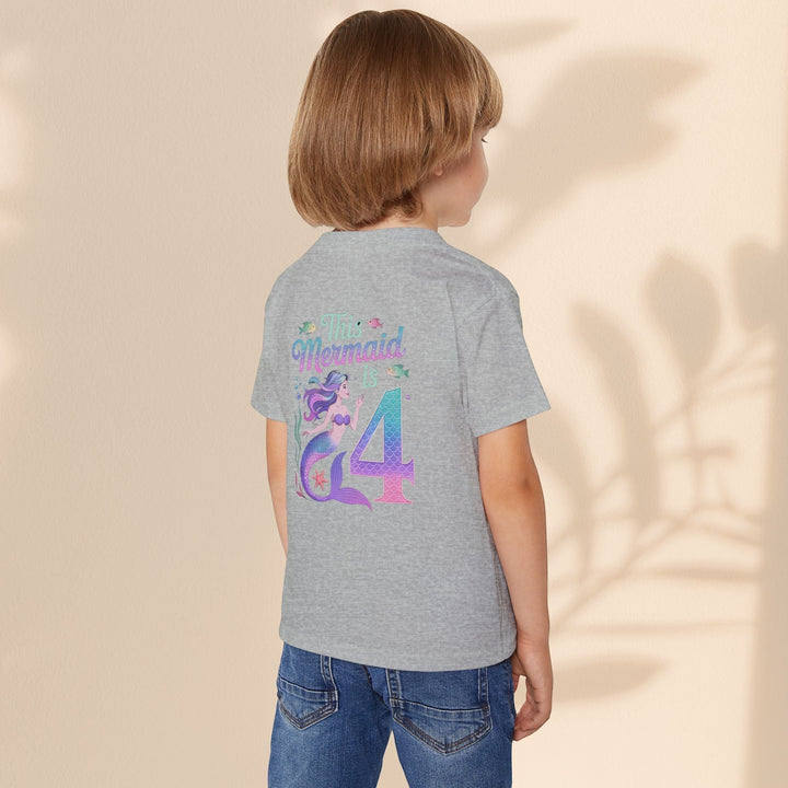 Sea Dragon Dreams toddler t-shirt in sport grey cotton with a This Mermaid Is 4 birthday graphic on the back