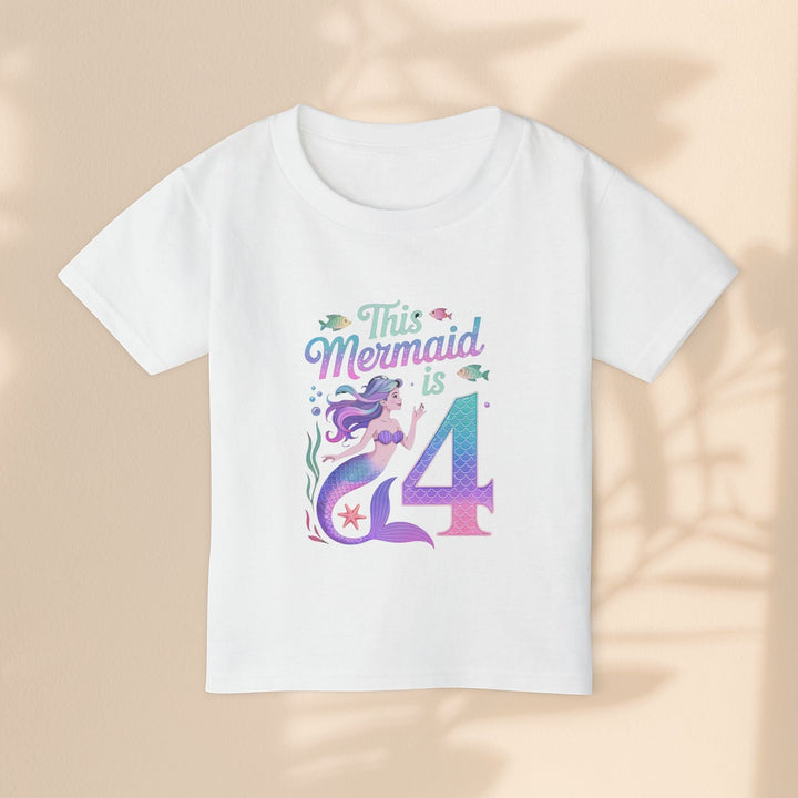 Sea Dragon Dreams white cotton toddler t-shirt with a colorful mermaid and This Mermaid Is 4 birthday graphic