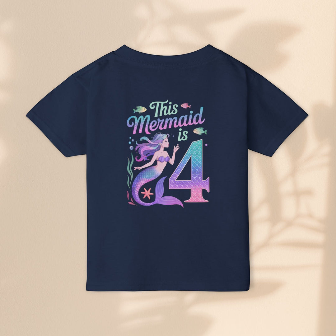 Sea Dragon Dreams navy blue toddler t-shirt with This Mermaid Is 4 birthday graphic featuring a mermaid and number four.