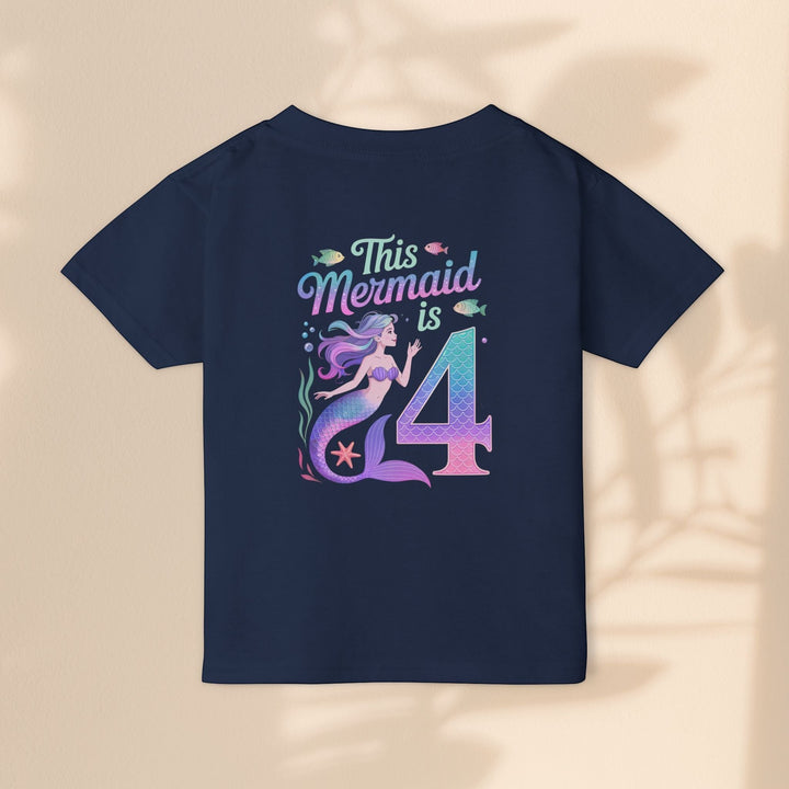 Sea Dragon Dreams navy blue toddler t-shirt with This Mermaid Is 4 birthday graphic featuring a mermaid and number four.