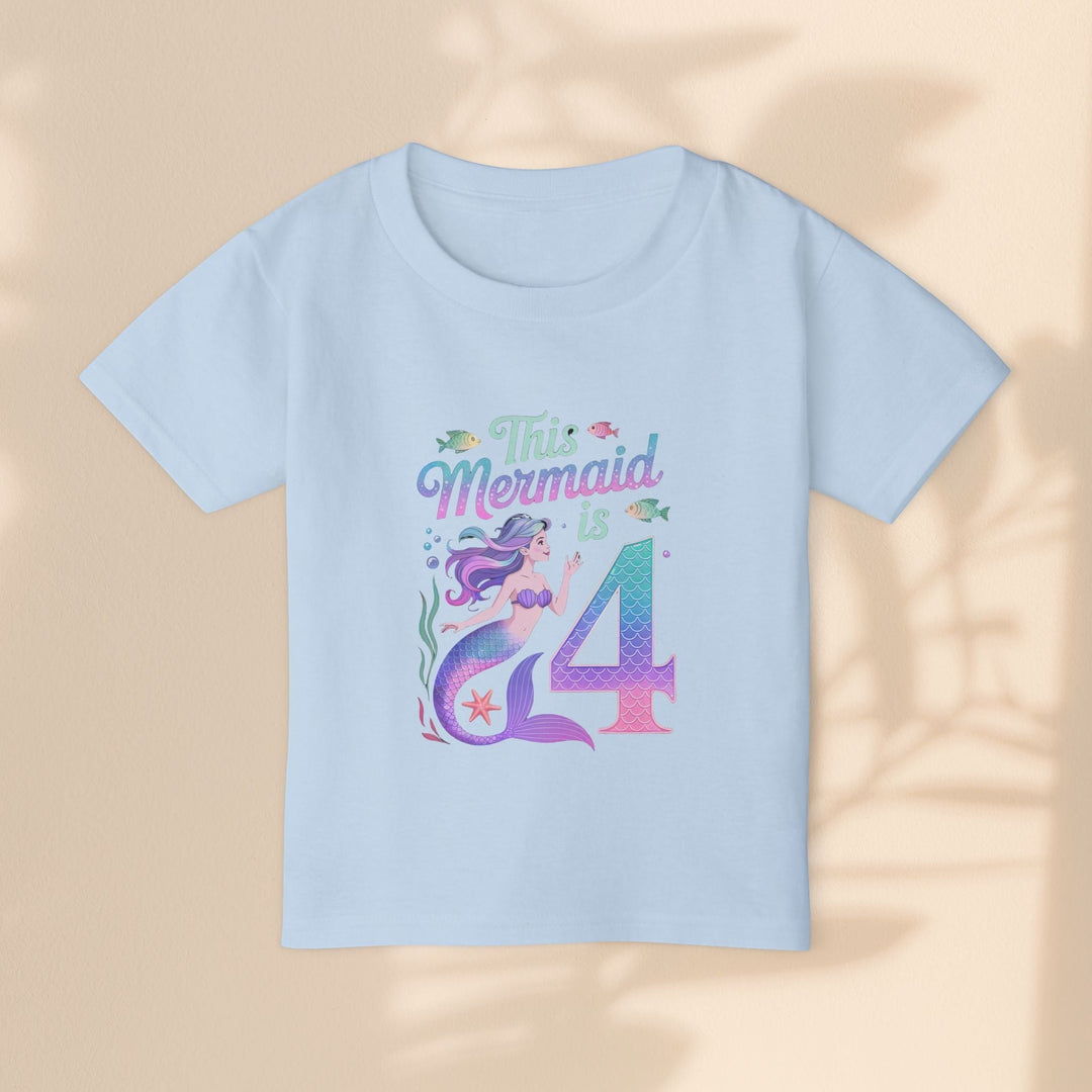 Sea Dragon Dreams light blue cotton toddler t-shirt with a This Mermaid Is 4 birthday graphic design