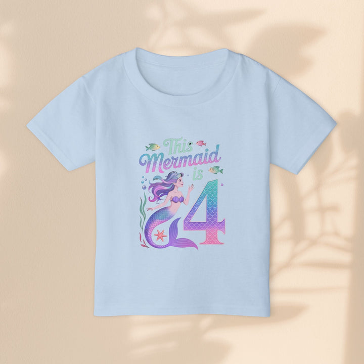 Sea Dragon Dreams light blue cotton toddler t-shirt with a This Mermaid Is 4 birthday graphic design