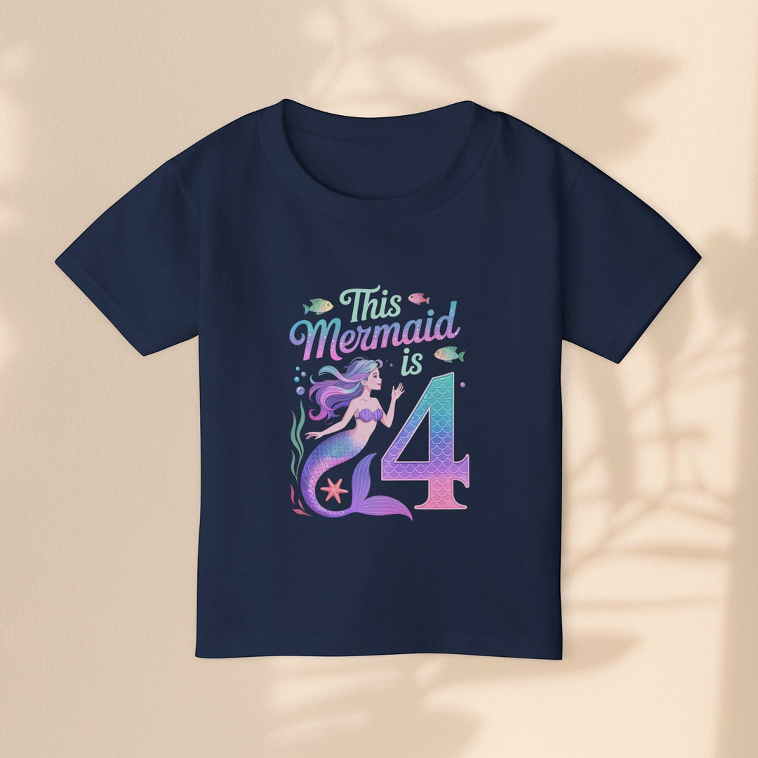 Sea Dragon Dreams navy blue toddler t-shirt featuring a magical mermaid graphic and the text This Mermaid is 4