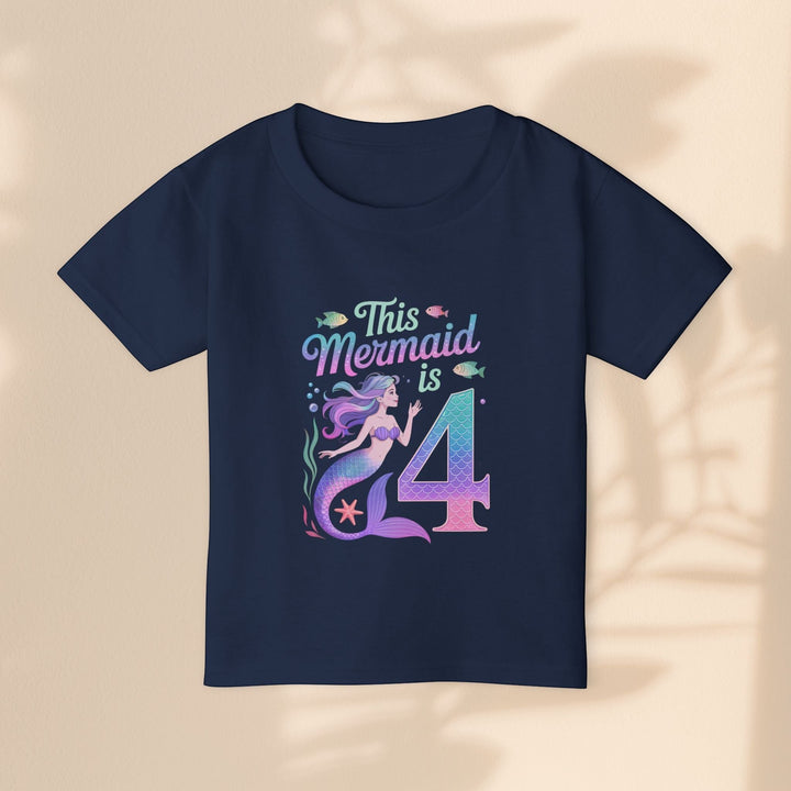 Sea Dragon Dreams navy blue toddler t-shirt featuring a magical mermaid graphic and the text This Mermaid is 4